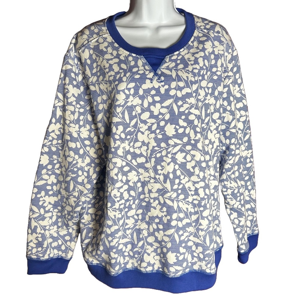 Karen Scott Sport Fleece Crewneck Pullover Blue/White Women's Sweatshirt Size XL